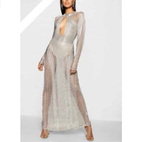 Boohoo Annie Metallic Knit Split Front Maxi Dress - Picture 1 of 5